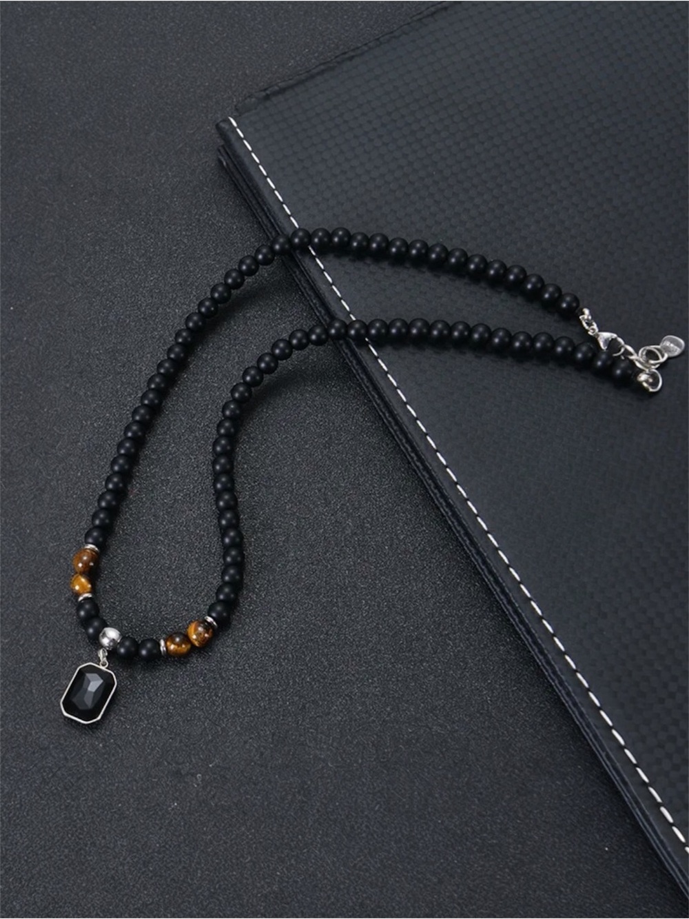 Men's Black Beaded Pendant Necklace with Accent Beads NWT